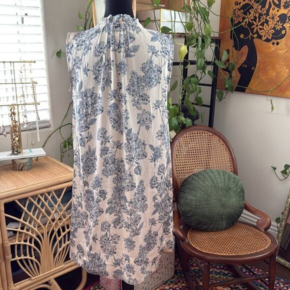 H&M French Blue & Ivory Floral Satiny High Neck Sleeveless Mini Shift Dress - Picture 2 of 4